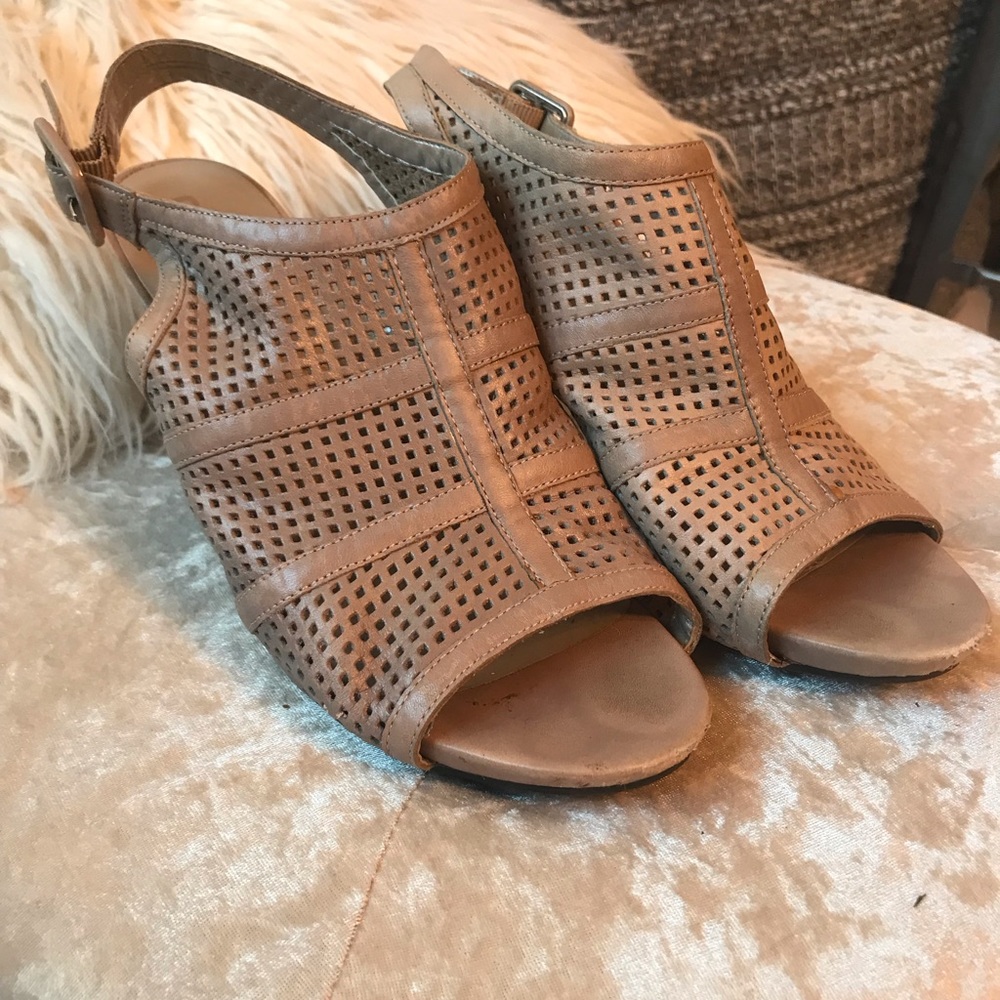Tan mesh heeled sandals